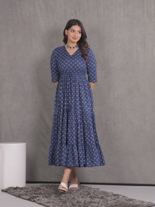 Soft Cotton Butti A-line Blue Dress
