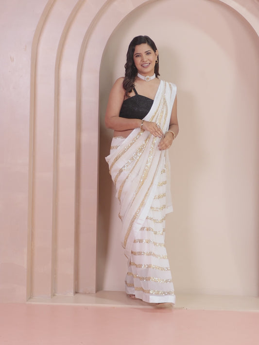 Embroidered Sequins Embroidered Georgette Solid White Saree