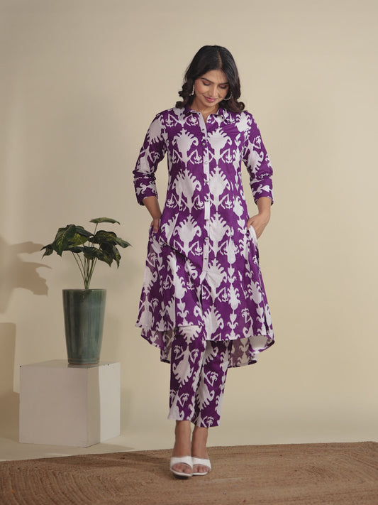 Soft Cotton Ikat High Low Purple Kurta