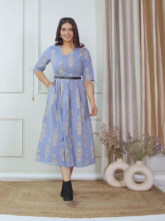 Embroidered Soft Cotton Block Print Blue Kurta
