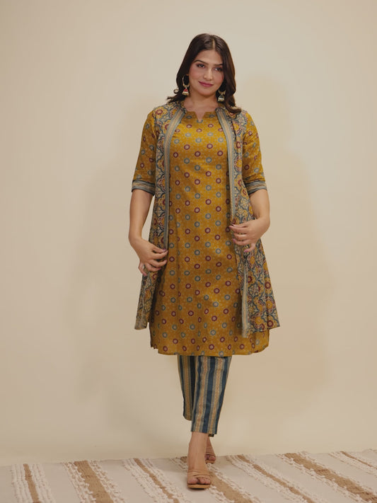 Soft Cotton Geometric A-line Mustard Kurta