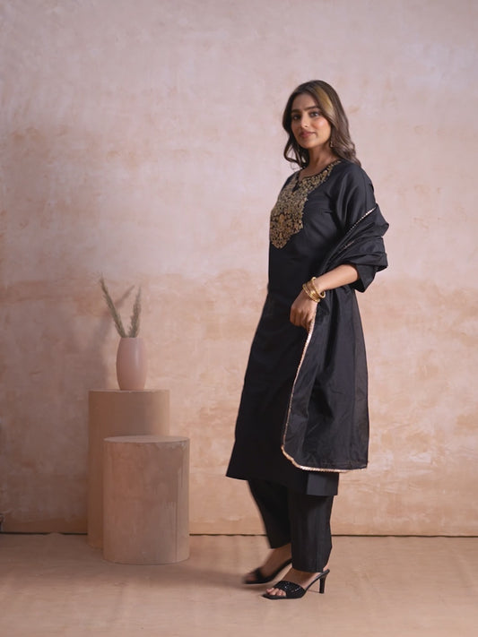 Embroidered Blended Silk Solid A-line Black Kurta