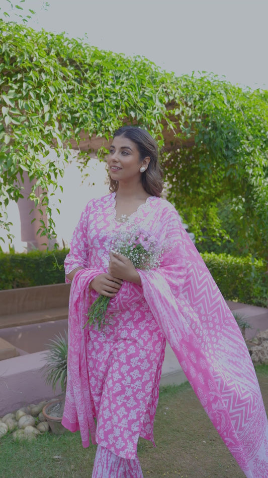 Embroidered Soft Cotton Floral Straight Pink Kurta