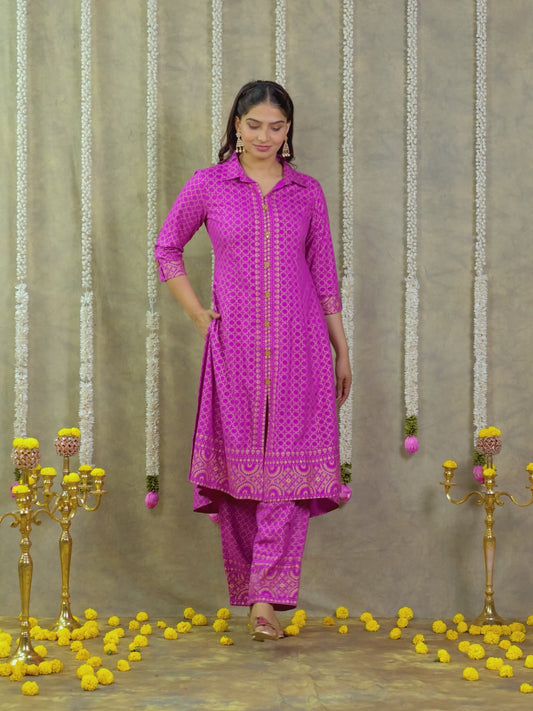 Viscose Gold foil High Low Pink Kurta