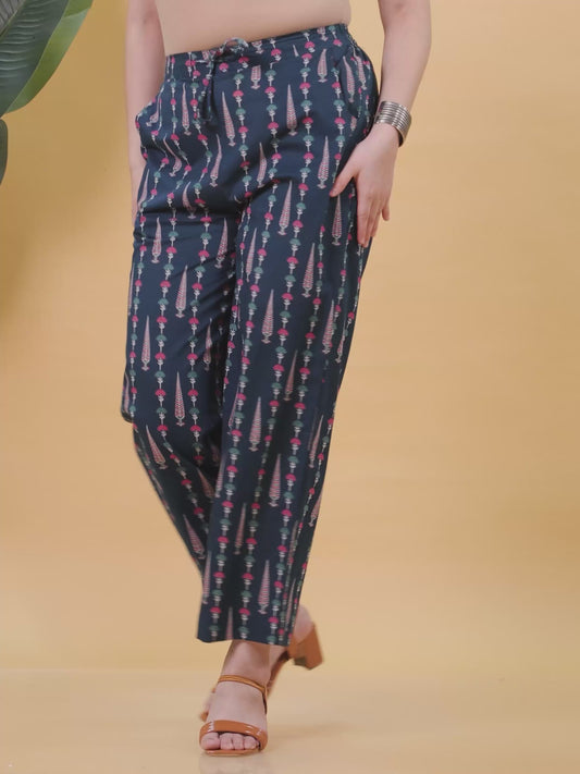 Soft Cotton Floral Teal Trousers Straight Trousers