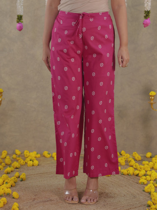 Soft Cotton Bandhani Pink Flared Trousers