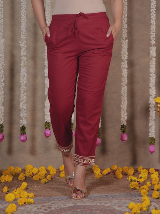 Soft Cotton Solid Maroon Tapered Trousers