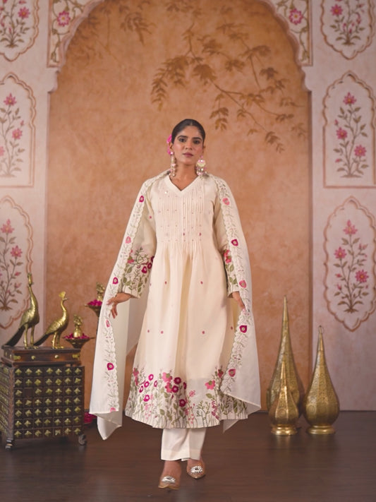 Embroidered Chanderi Solid Flared Off White Kurta