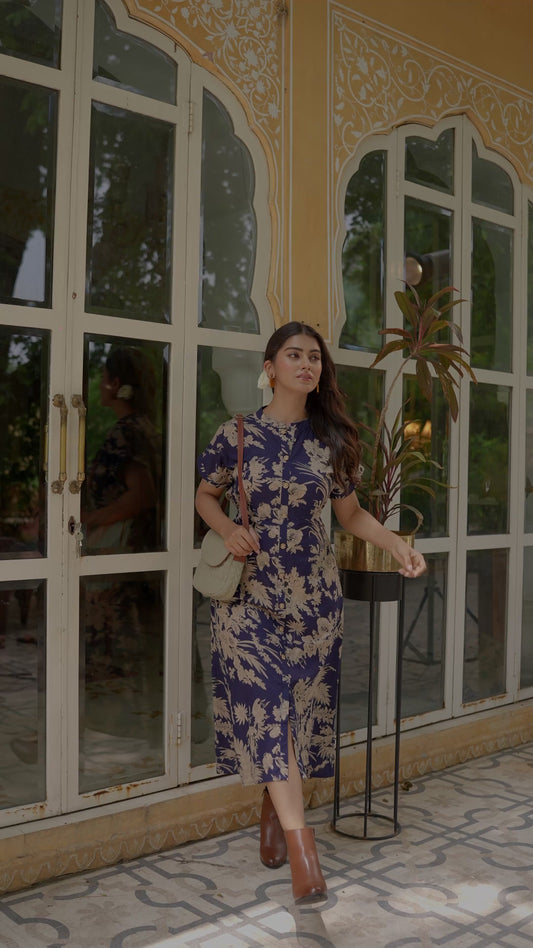 Soft Cotton Floral A-line Blue Dress