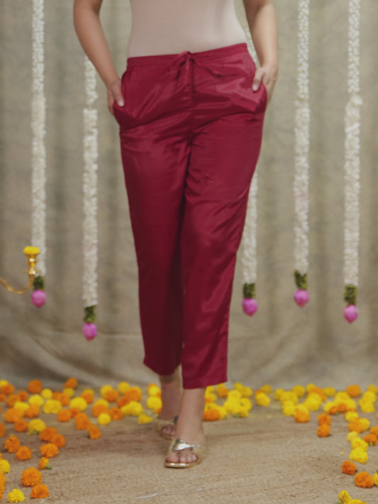 Chanderi Solid Maroon Tapered Trousers