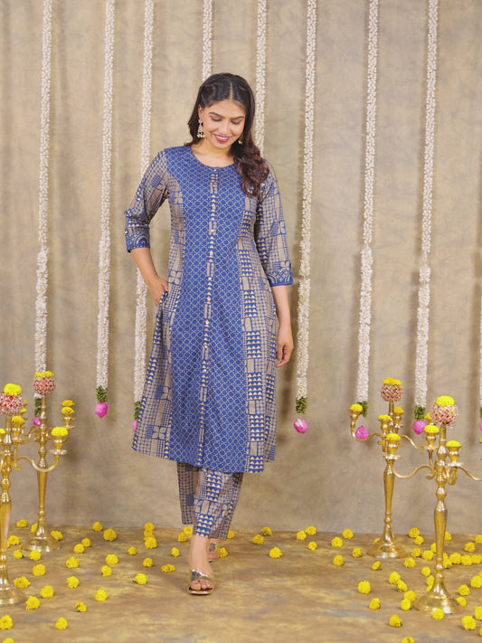 Viscose Gold foil A-line Blue Kurta
