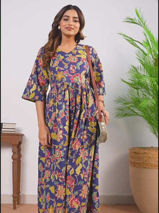 Soft Cotton Floral Anarkali Navy Blue Dress