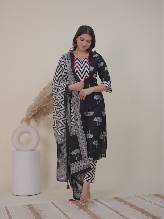 Soft Cotton Foliage Straight Black Kurta