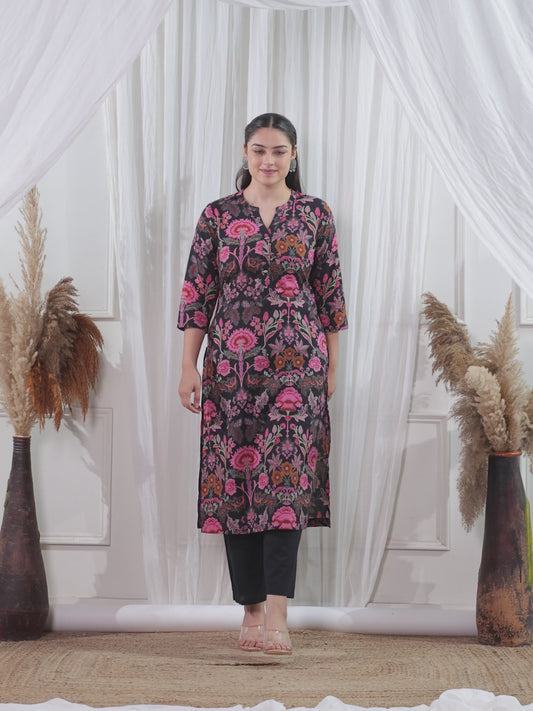 Soft Cotton Floral Straight Black Kurta