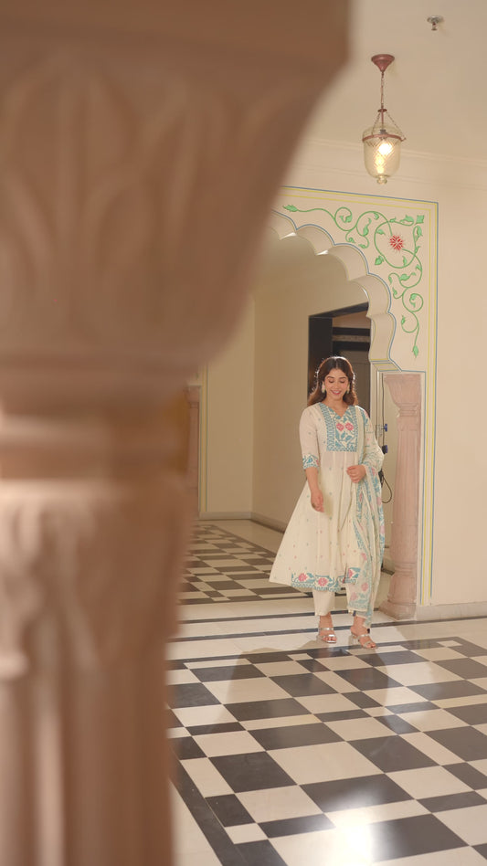 Soft Cotton Geometric Off White Anarkali Kurta