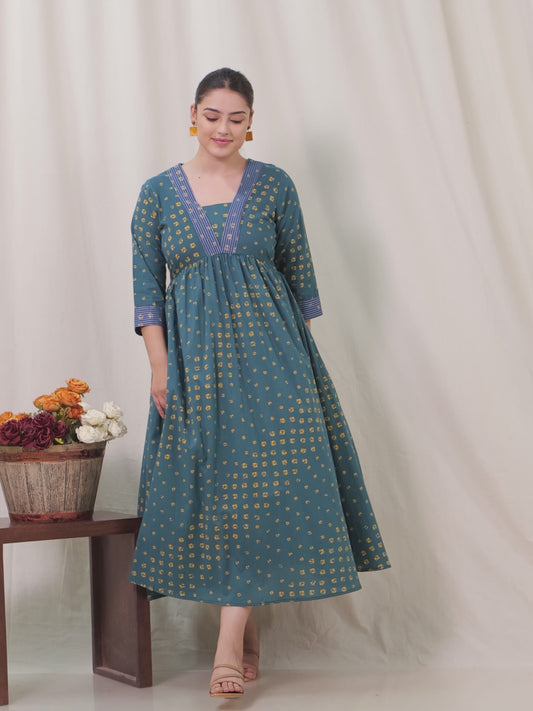 Embroidered Soft Cotton Bandhani Gathered Green Dress