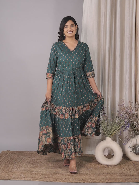 Embroidered Soft Cotton Butti A-line Green Dress