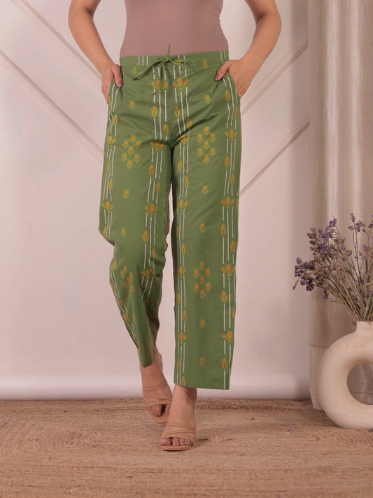 Soft Cotton Geometric Green Straight Trousers