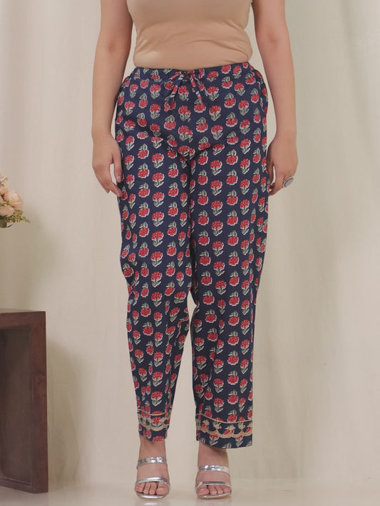 Embroidered Soft Cotton Floral Navy Blue Straight Trousers
