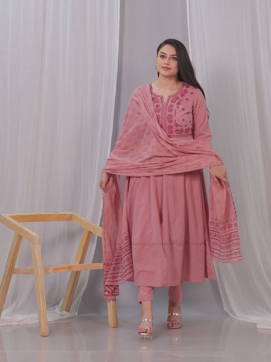Embroidered Natural Cotton Solid Anarkali Pink Kurta