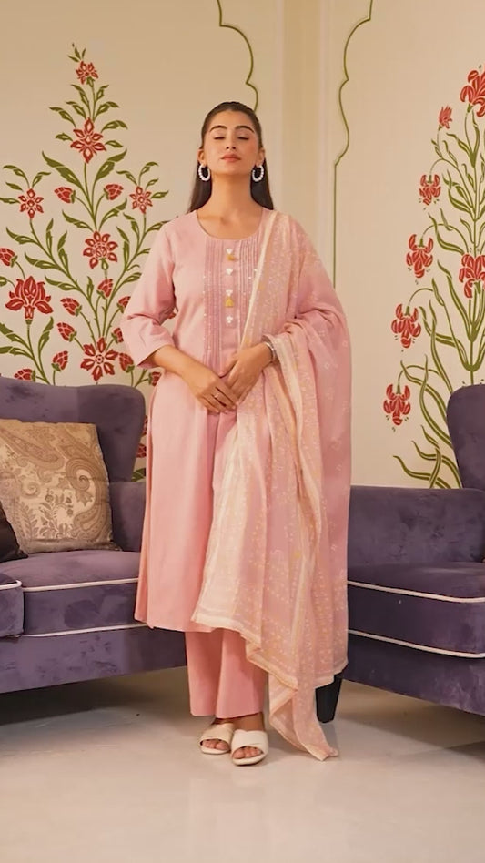 Embroidered Linen Cotton Solid Flared Pink Kurta