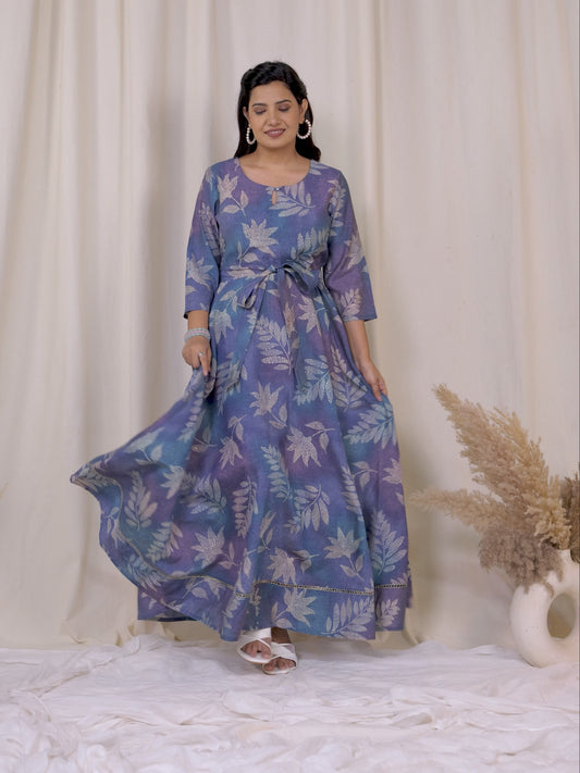 Muslin Floral Anarkali Blue Dress