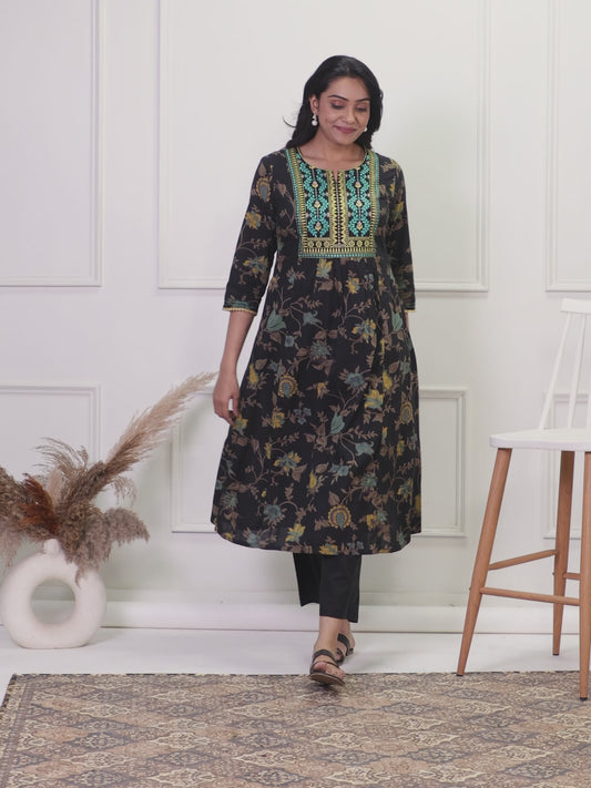 Embroidered Soft Cotton Floral Panelled Multicolor Kurta