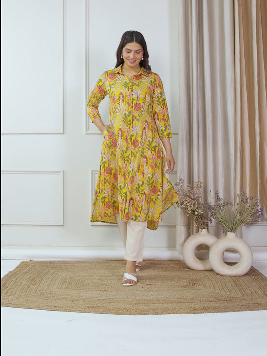 Soft Cotton Floral High Low Yellow Kurta