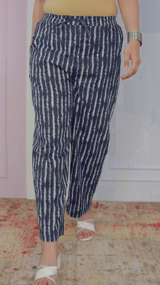 Soft Cotton Striped Blue Straight Trousers