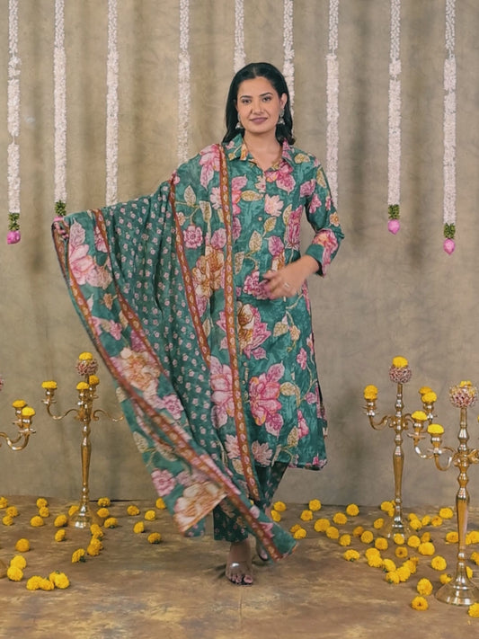 Soft Cotton Floral High Low Green Kurta