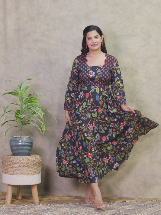 Embroidered Soft Cotton Floral Flared Black Dress