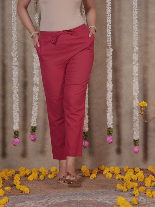 Linen Cotton Solid Maroon Tapered Trousers