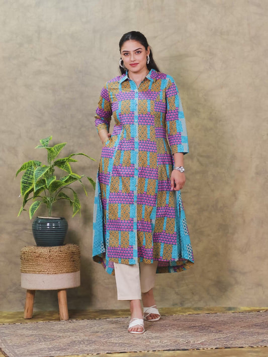 Soft Cotton Patchwork High Low Multicolor Kurta