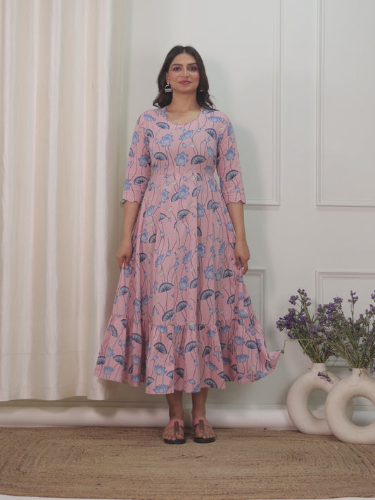Embroidered Soft Cotton Floral Anarkali Pink Dress