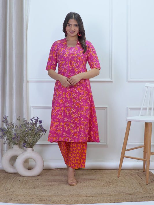 Embroidered Linen Cotton Abstract Flared Orange Kurta