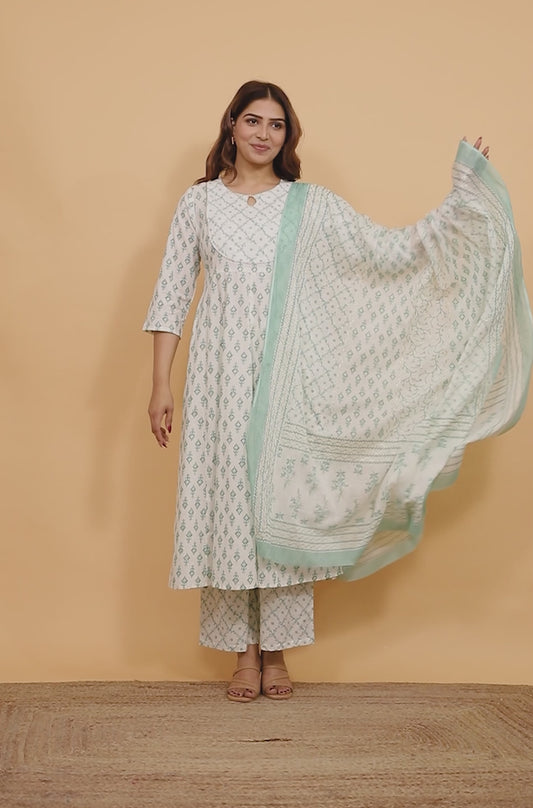 Soft Cotton Ikat Anarkali Green Kurta