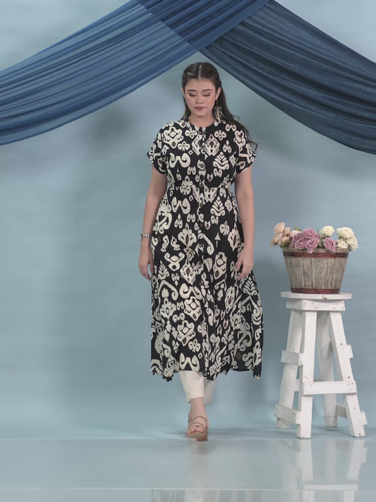 Soft Cotton Ikat A-line Black Kurta