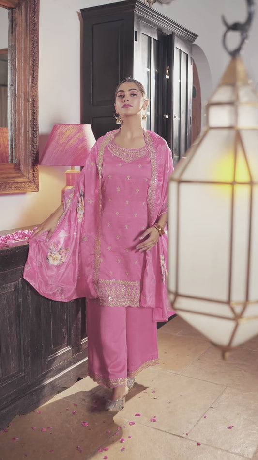 Embroidered Blended Silk Coral Kurta
