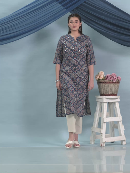 Embroidered Kantha Cotton Geometric Straight Blue Kurta