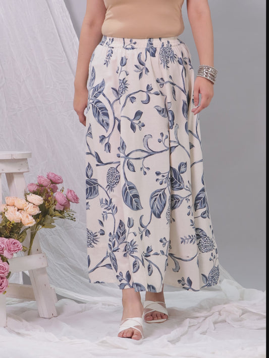 Linen Cotton Floral Off White Skirt