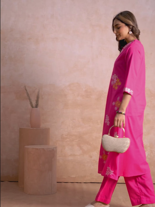 Embroidered Soft Cotton Solid A-line Pink Kurta