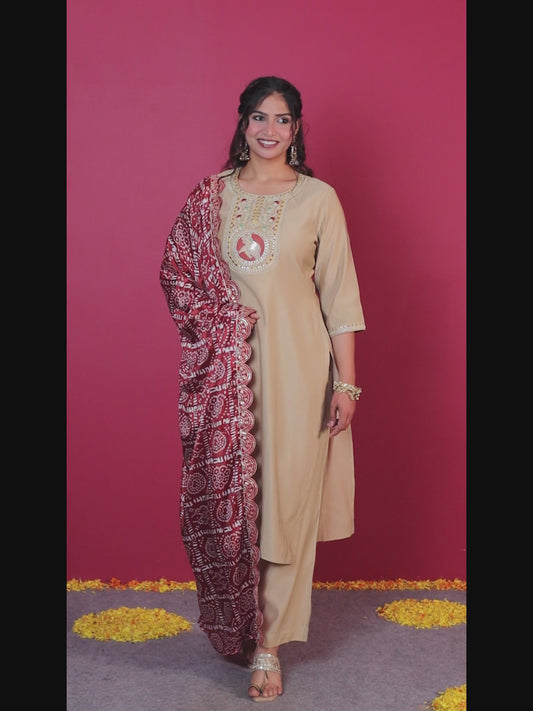 Embroidered Blended silk Solid Straight Beige Kurta