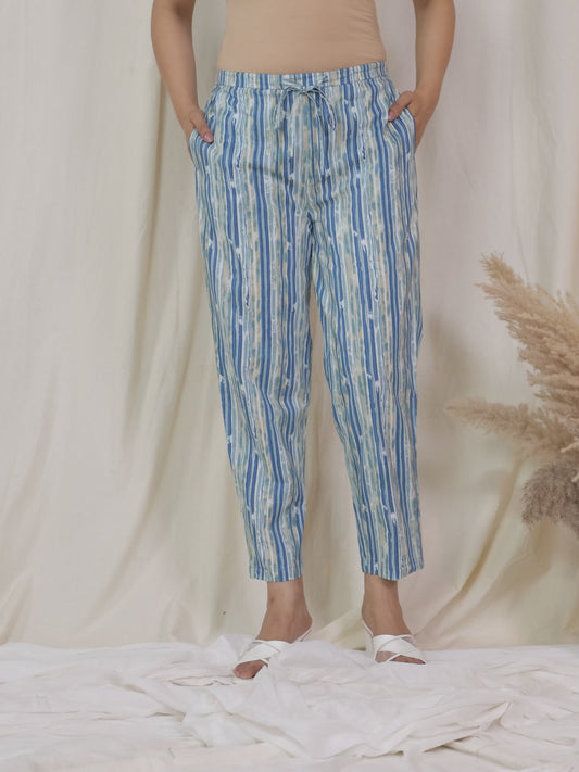 Soft Cotton Striped Blue Tapered Trousers