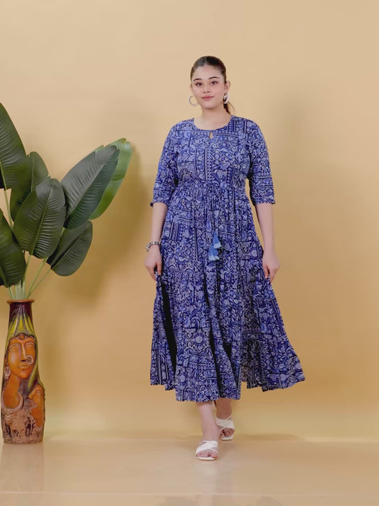 Soft Cotton Patchwork Anarkali Blue Dress
