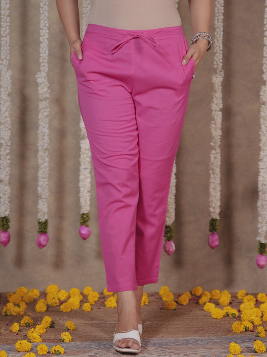 Linen Cotton Solid Pink Tapered Trousers