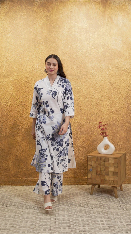 Soft Cotton Floral Straight White Kurta