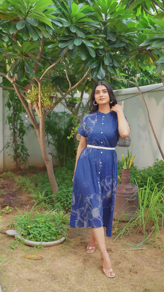 Soft Cotton Placement Print A-line Blue Dress