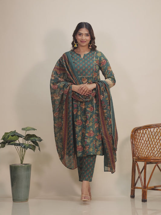 Embroidered Soft Cotton Floral Panelled Green Kurta