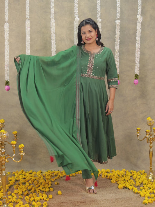 Embroidered Soft Cotton Solid Anarkali Green Kurta