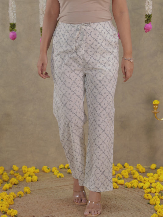 Soft Cotton Geometric White Straight Trousers